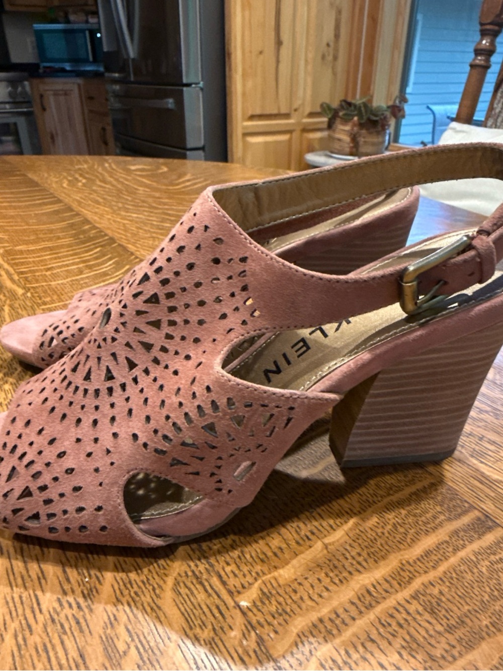 Suede Laser-Cut Slingback Heels in Dusty Pink